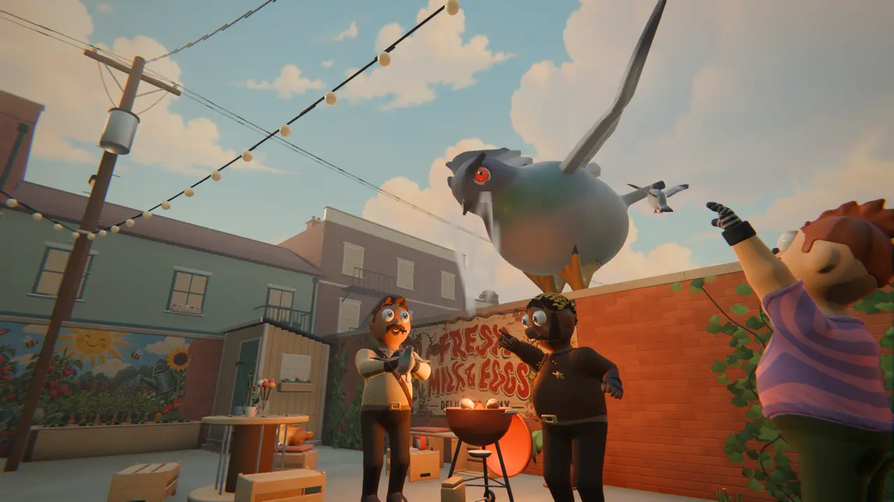 Street Rivals: a giant pigeon dives over a backyard barbecue