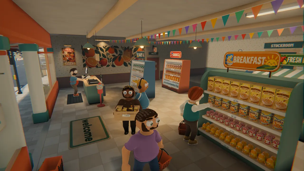 Street Rivals: a busy grocery store with customers and bunting