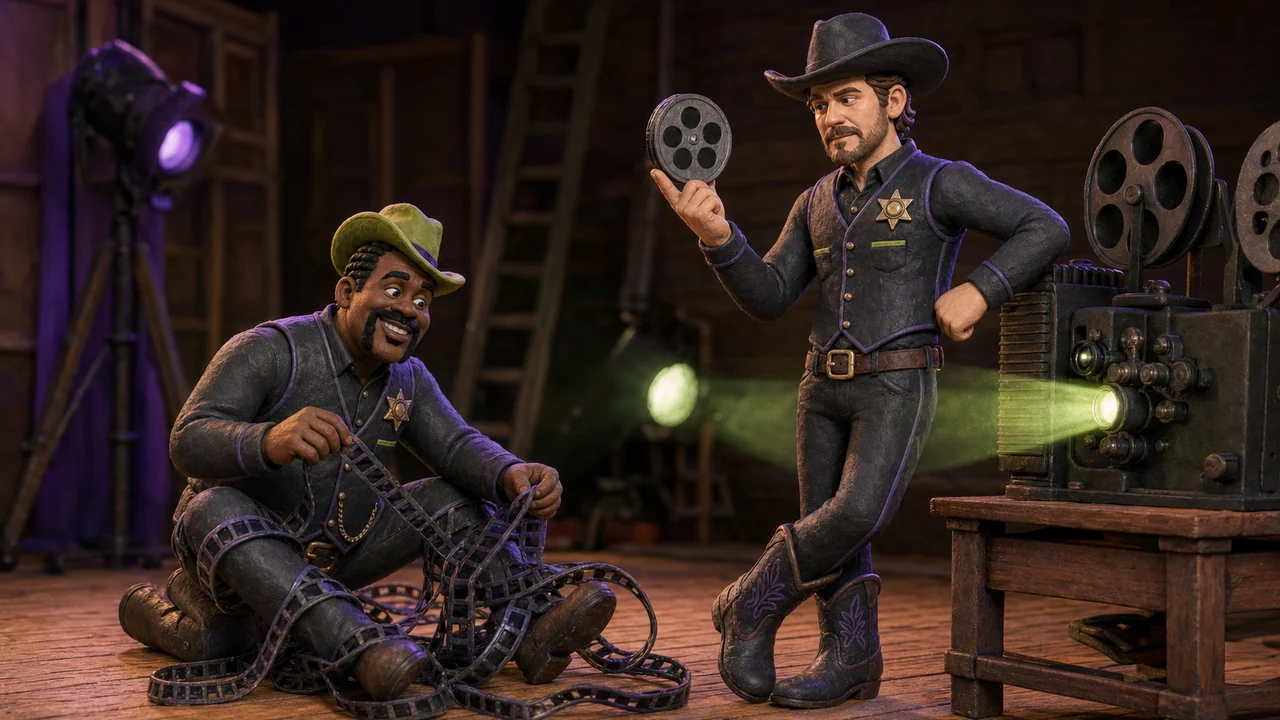 Philip tangled in film while Adam holds the reel in stop motion clay