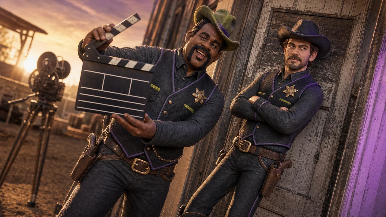 Philip with a clapperboard and Adam on a cinematic western set